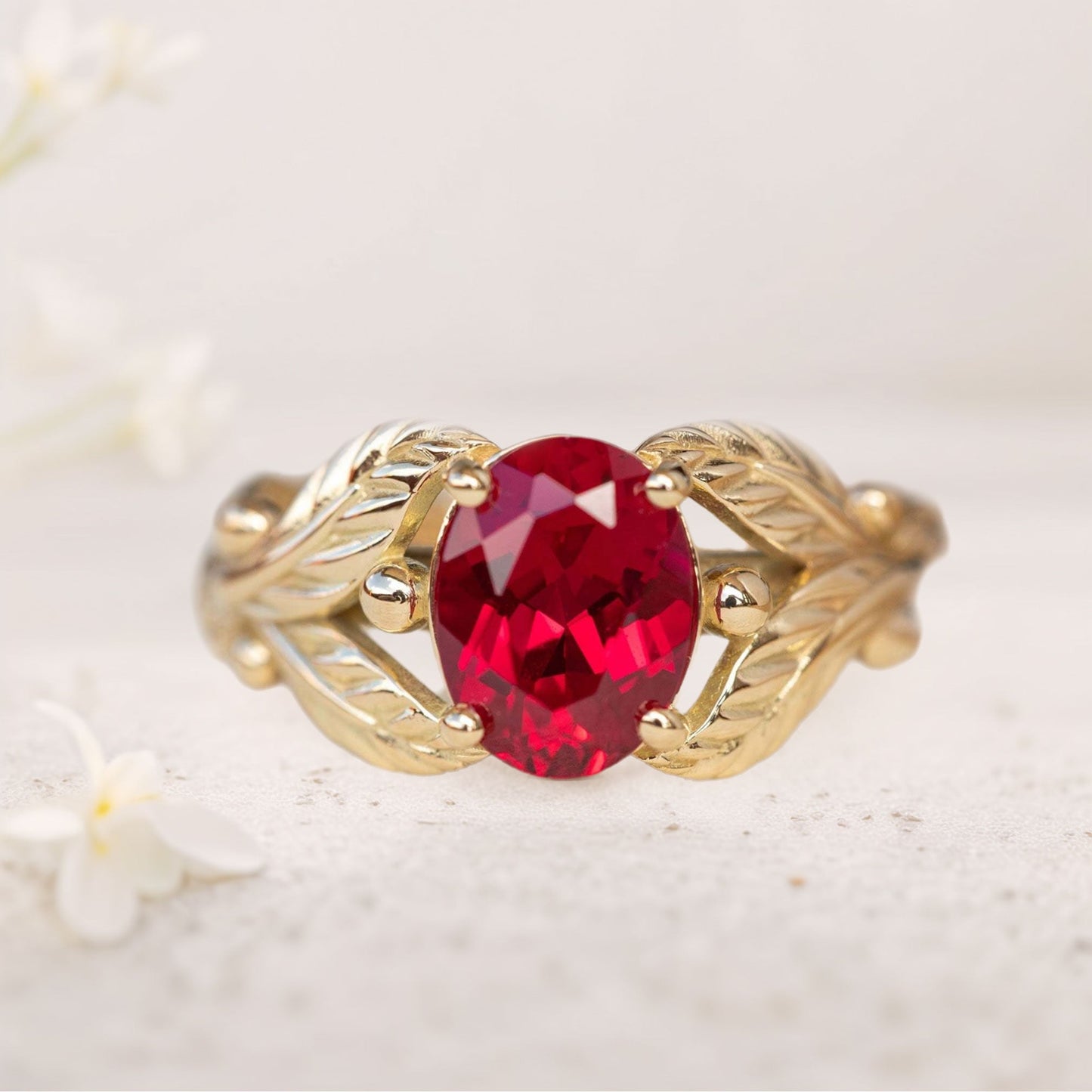 Unique floral engagement rings Oval Lab Ruby with Leaves Engagement Ring