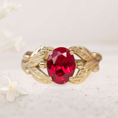 Unique floral engagement rings Oval Lab Ruby with Leaves Engagement Ring