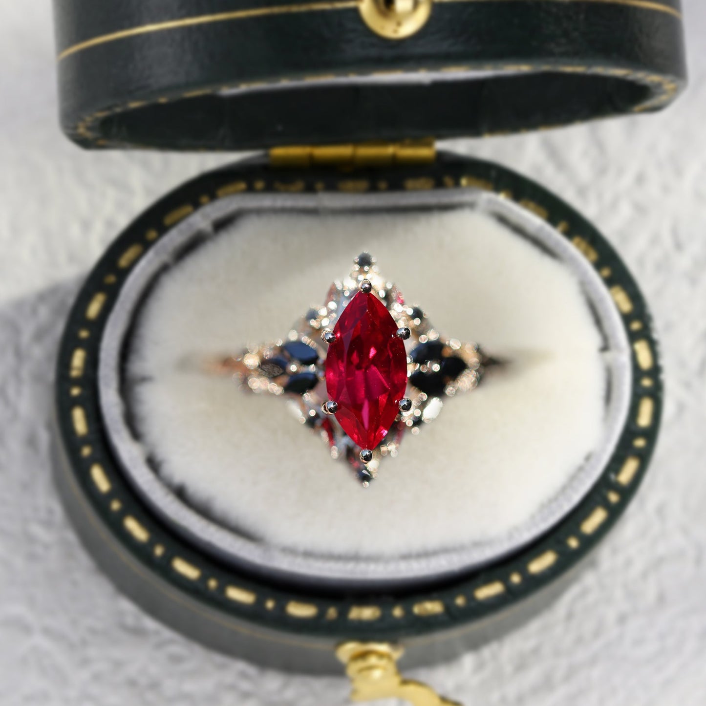 Unique Starlight Marquise Lab Ruby and Black Onyx Ring