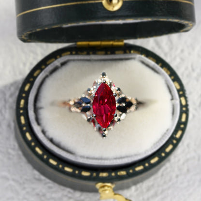 Unique Starlight Marquise Lab Ruby and Black Onyx Ring