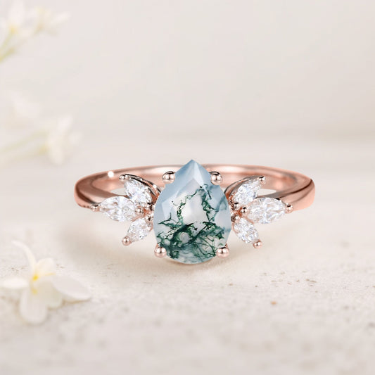 Unique Pear Moss Agate Engagement Ring Simple Cluster Bridal Ring