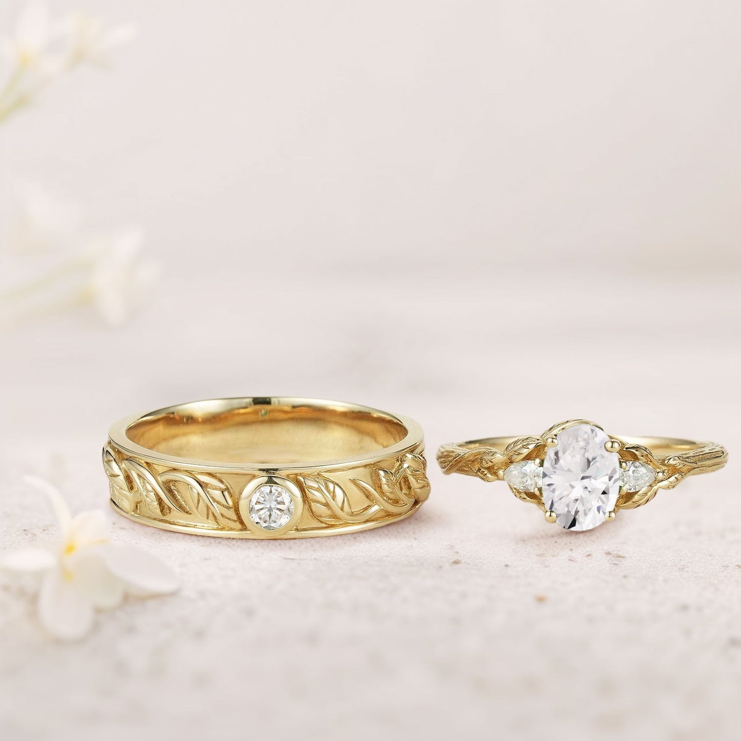 Unique Leaf Design Oval Moissanite Wedding Ring Promise Ring for Couples