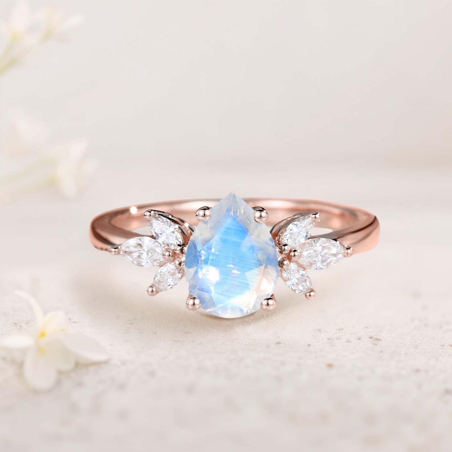 Unique Pear Lab Moonstone Engagement Ring Simple Cluster Bridal Ring