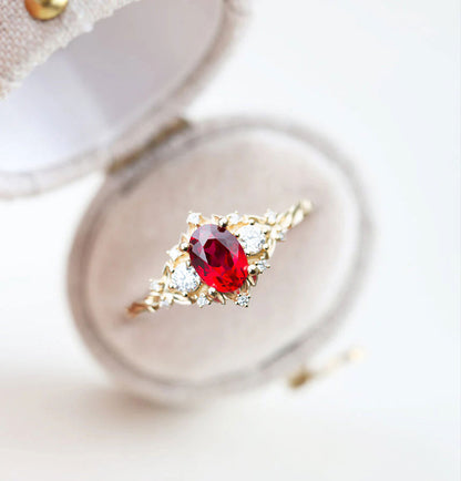 Unique Floral Rose Three Stone Oval Lab Ruby and Moissanite Ring