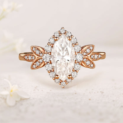 Unique floral engagement rings Marquise Moissanite Butterfly Halo Engagement Ring