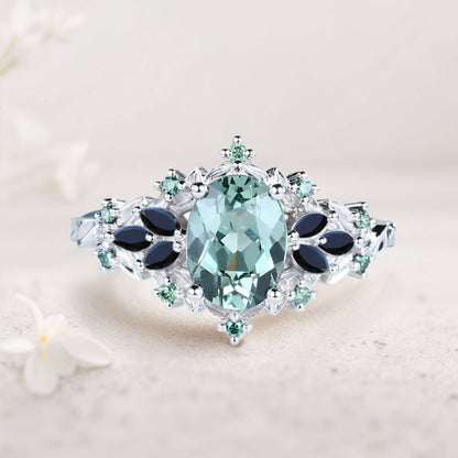 Unique Starlight Oval Green Lab Sapphire and Black Onyx Engagement Ring