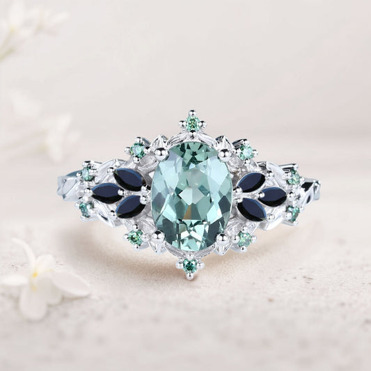 Unique Starlight Oval Green Lab Sapphire and Black Onyx Engagement Ring