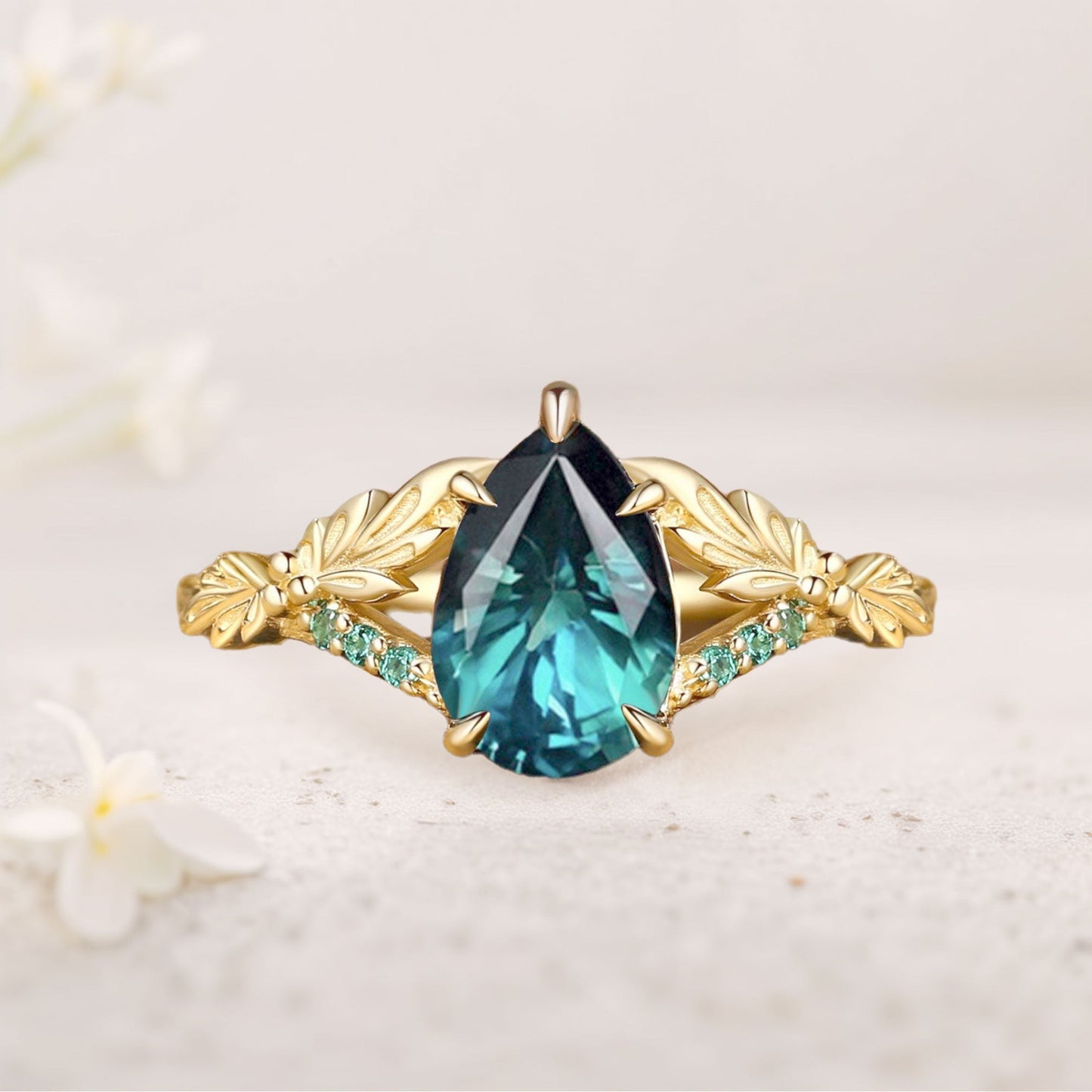 Unique floral engagement rings Pear Green Lab Sapphire Leaf Engagement Ring