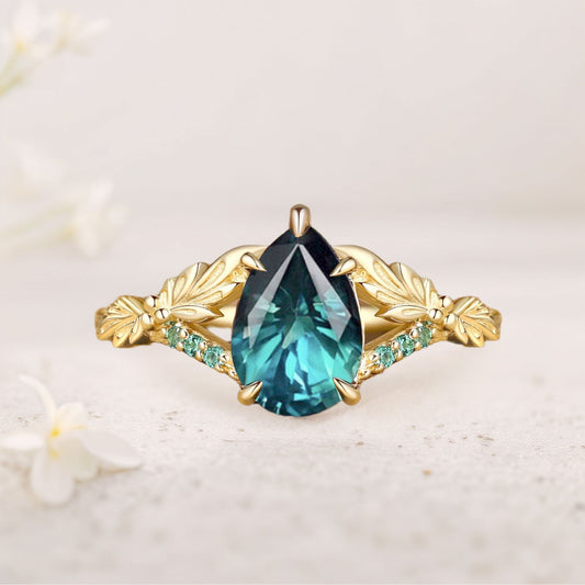 Unique floral engagement rings Pear Green Lab Sapphire Leaf Engagement Ring
