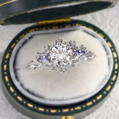 Unique Briar Rose Three Stone Round Moissanite Ring