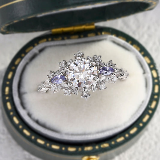 Unique Briar Rose Three Stone Round Moissanite Ring