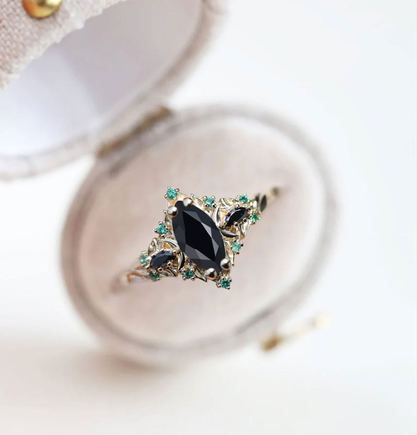 Unique Briar Moon Three Stone Marquise Black Onyx and Lab Emerald Ring