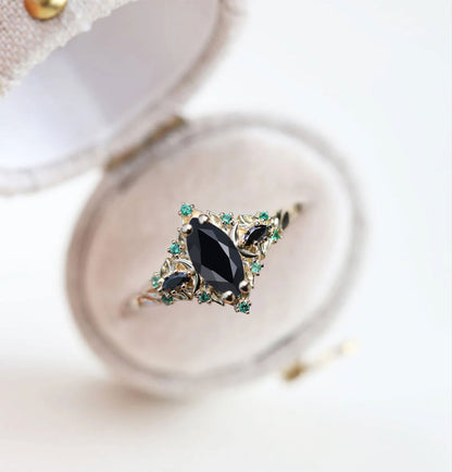 Unique Briar Moon Three Stone Marquise Black Onyx and Lab Emerald Ring