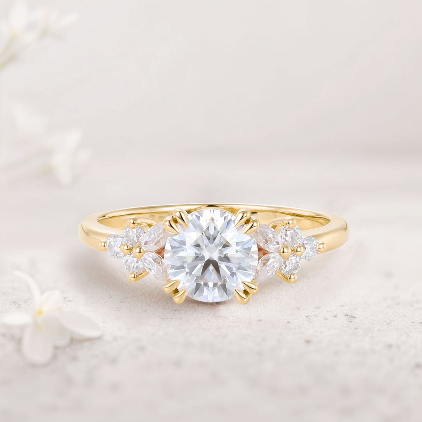 Unique Round Moissanite Floral Cluster Engagement Rings Double Prong Bridal Ring