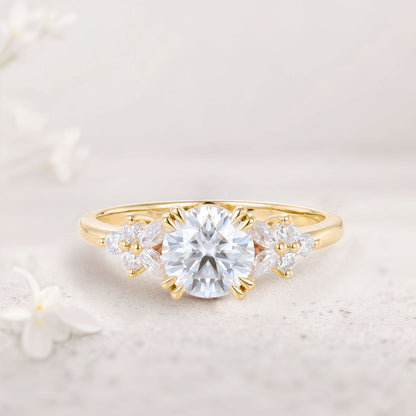 Unique Round Moissanite Floral Cluster Engagement Rings Double Prong Bridal Ring