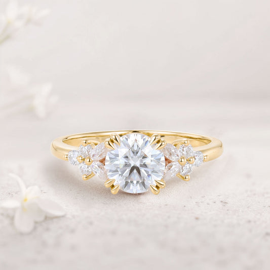 Unique Round Moissanite Floral Cluster Engagement Rings Double Prong Bridal Ring