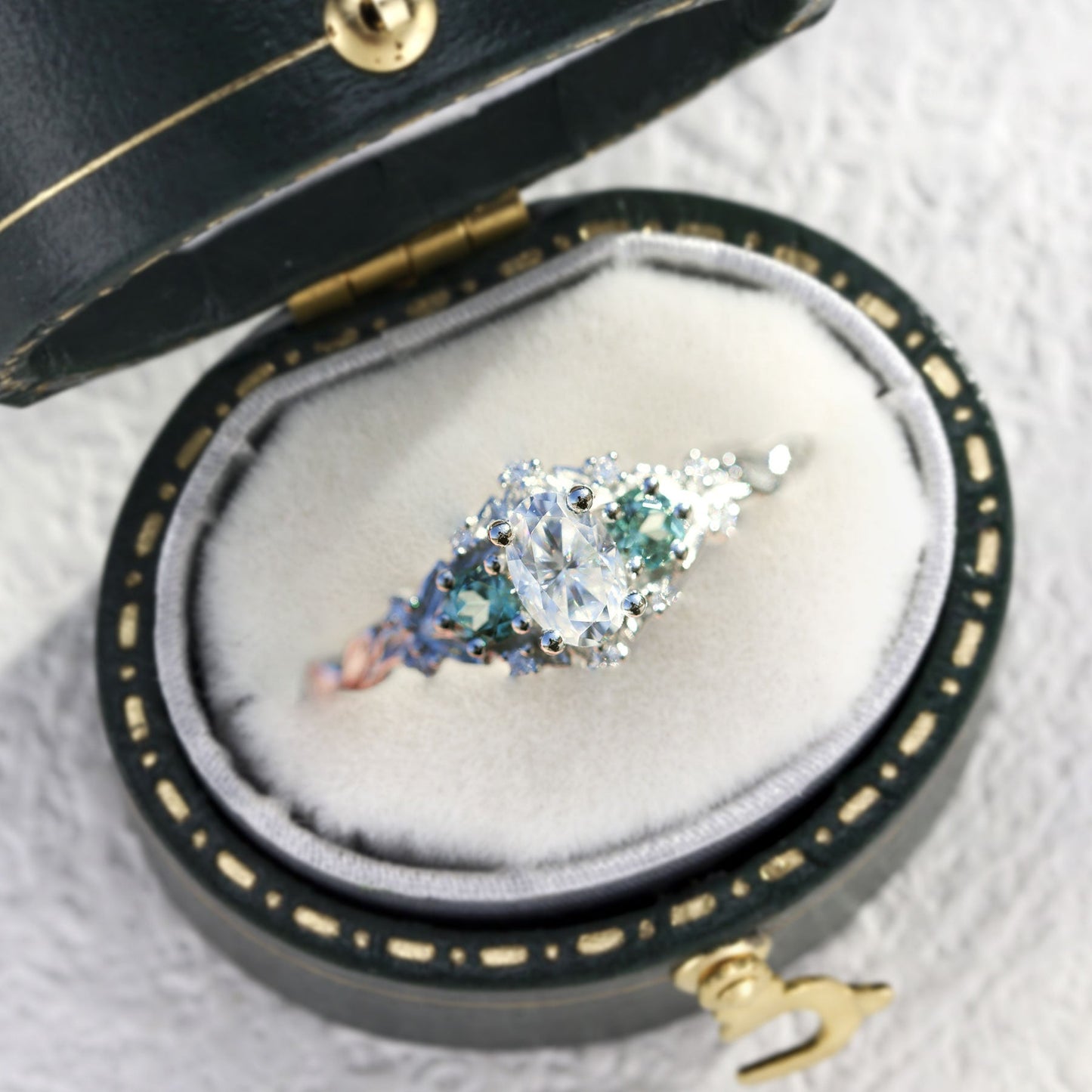 Unique Briar Rose Oval Moissanite and Light Green Lab Sapphire Ring