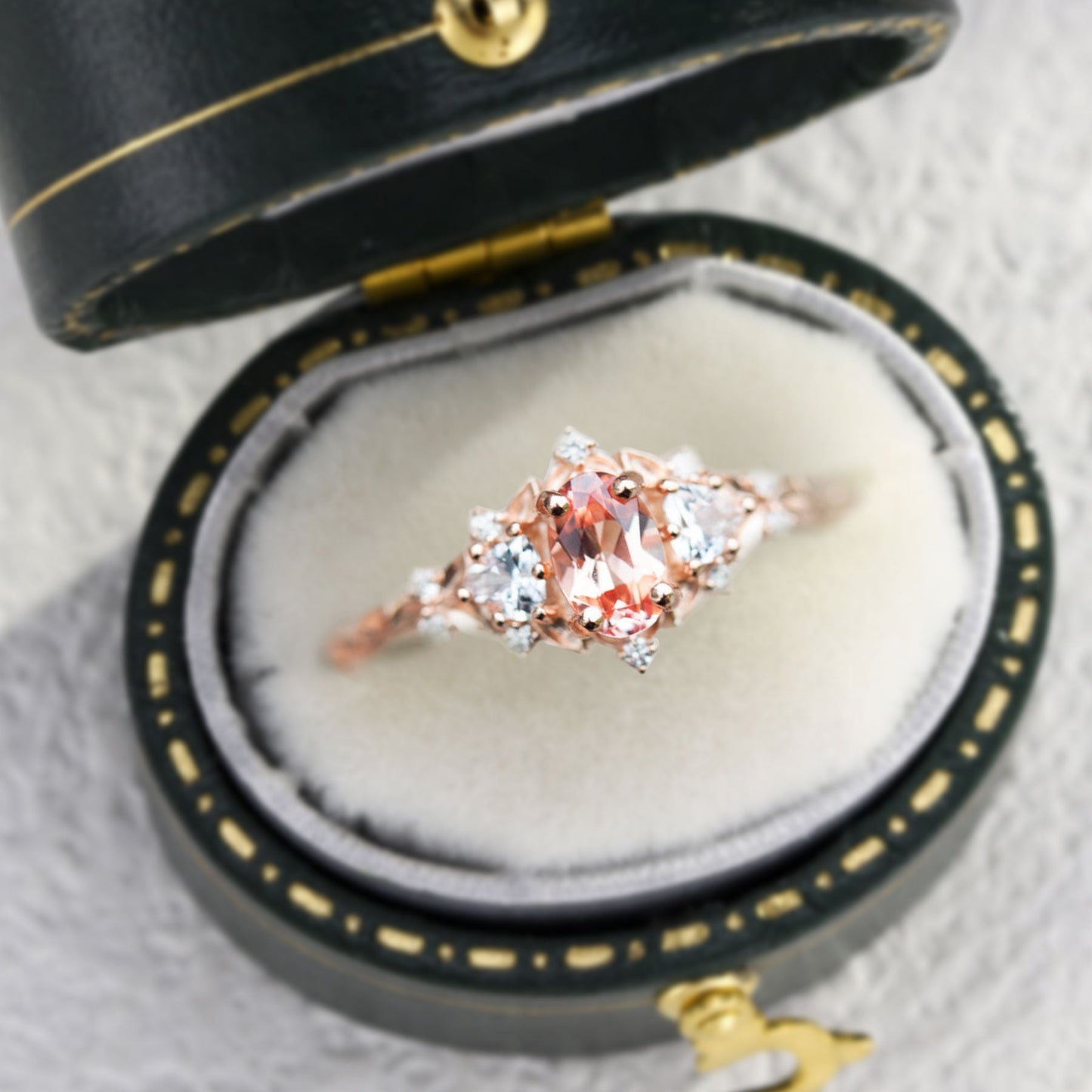 Unique Briar Rose Three Stone Oval Pink Lab Padparadscha Ring
