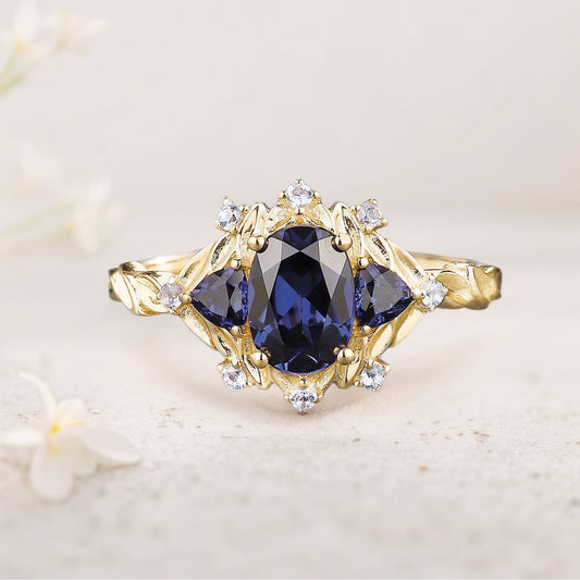 Unique floral engagement rings Oval Blue Lab Sapphire Cluster Wedding Ring Fairy Engagement Ring