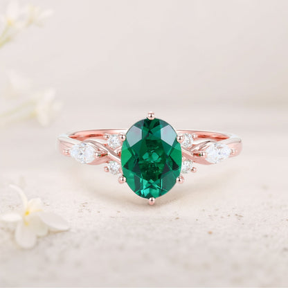 Unique Oval Lab Emerald Split Shank Engagement Ring