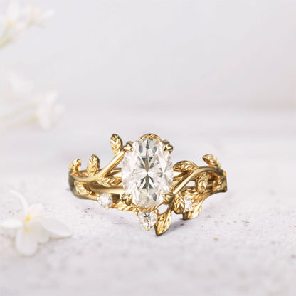 Unique Oval Moissanite Wedding Ring Set With Leaf Band