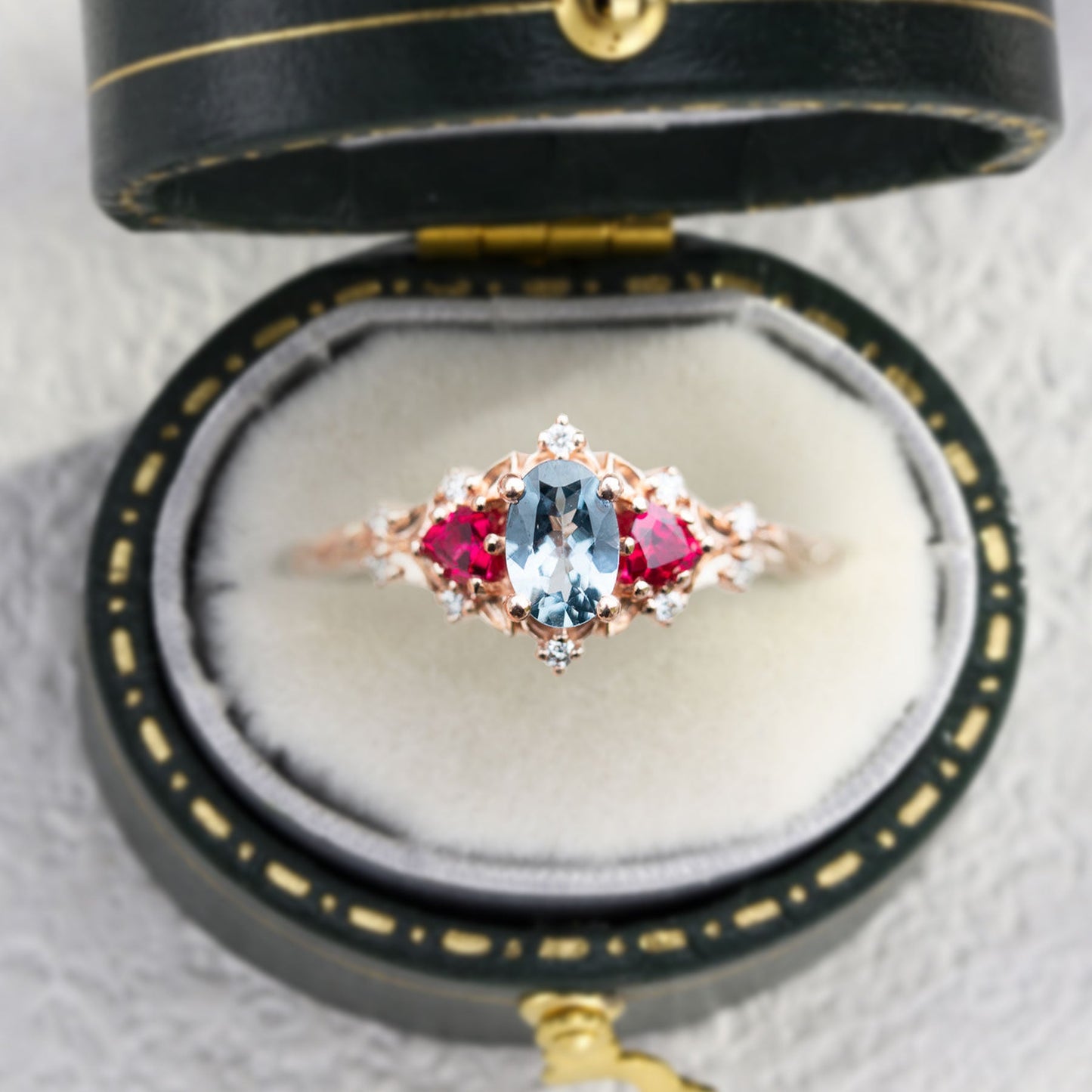Unique Briar Rose Three Stone Oval Lab Grey Spinel and Ruby Ring