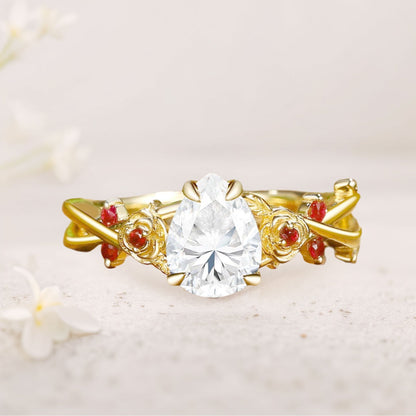 Unique floral engagement rings Pear Moissanite Rose Flower Inspired Engagement Ring