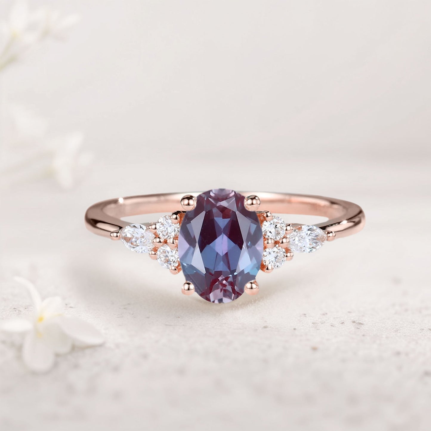 Vintage Oval Lab Alexandrite Cluster Engagement Ring