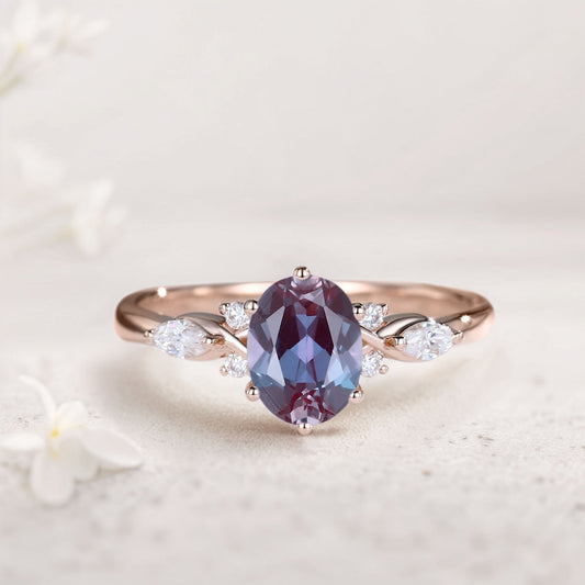 Vintage Oval Lab Alexandrite and Moissanite Engagement Ring