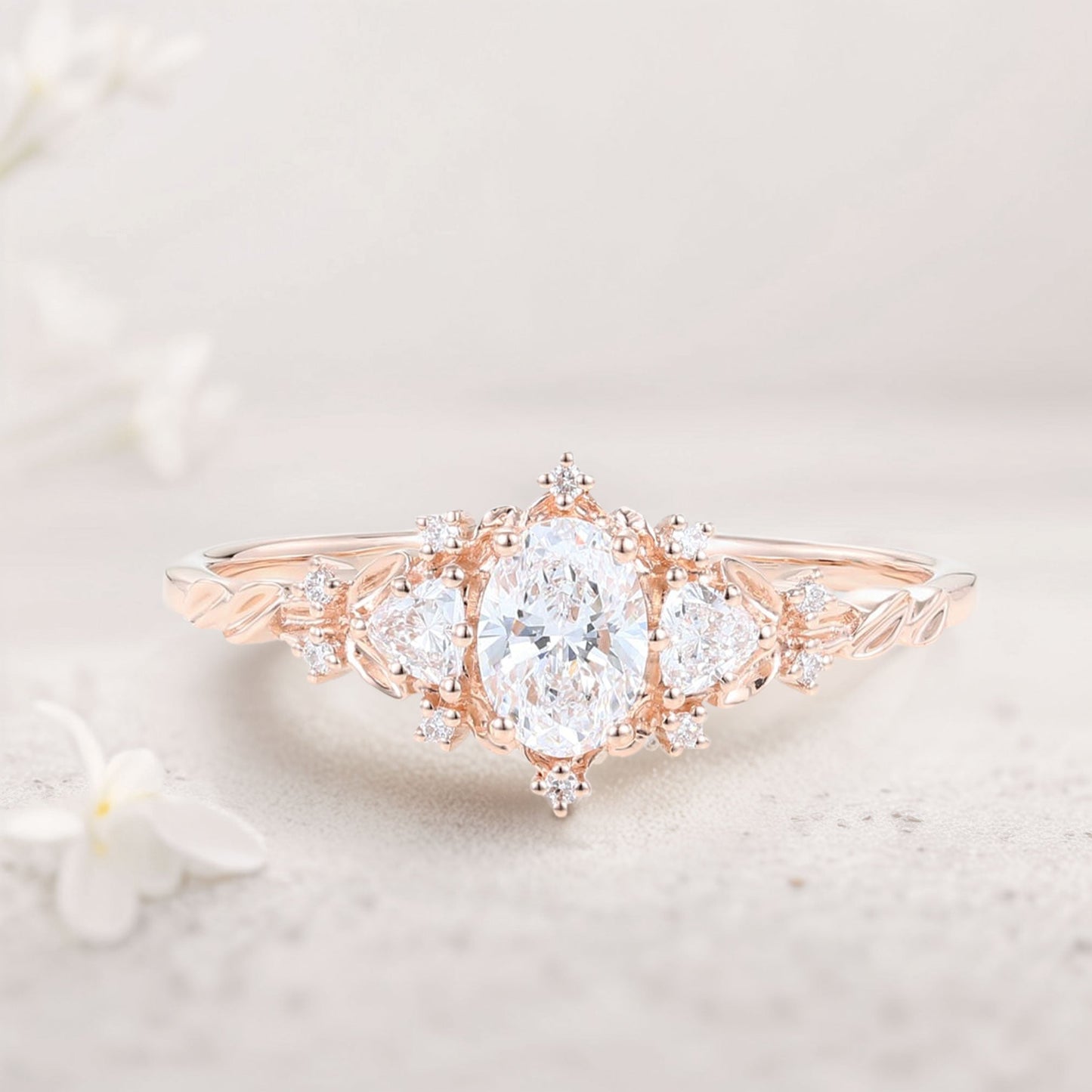 Classic Briar Rose Oval Moissanite Olive Leaves Engagement Ring Fairy Ring