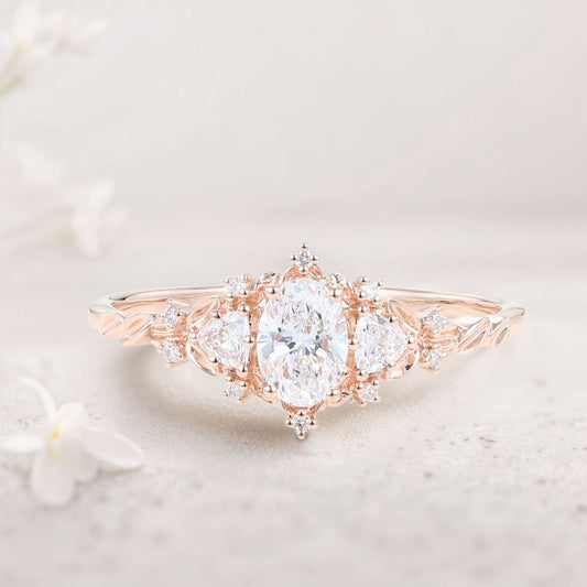 Classic Briar Rose Oval Moissanite Olive Leaves Engagement Ring Fairy Ring