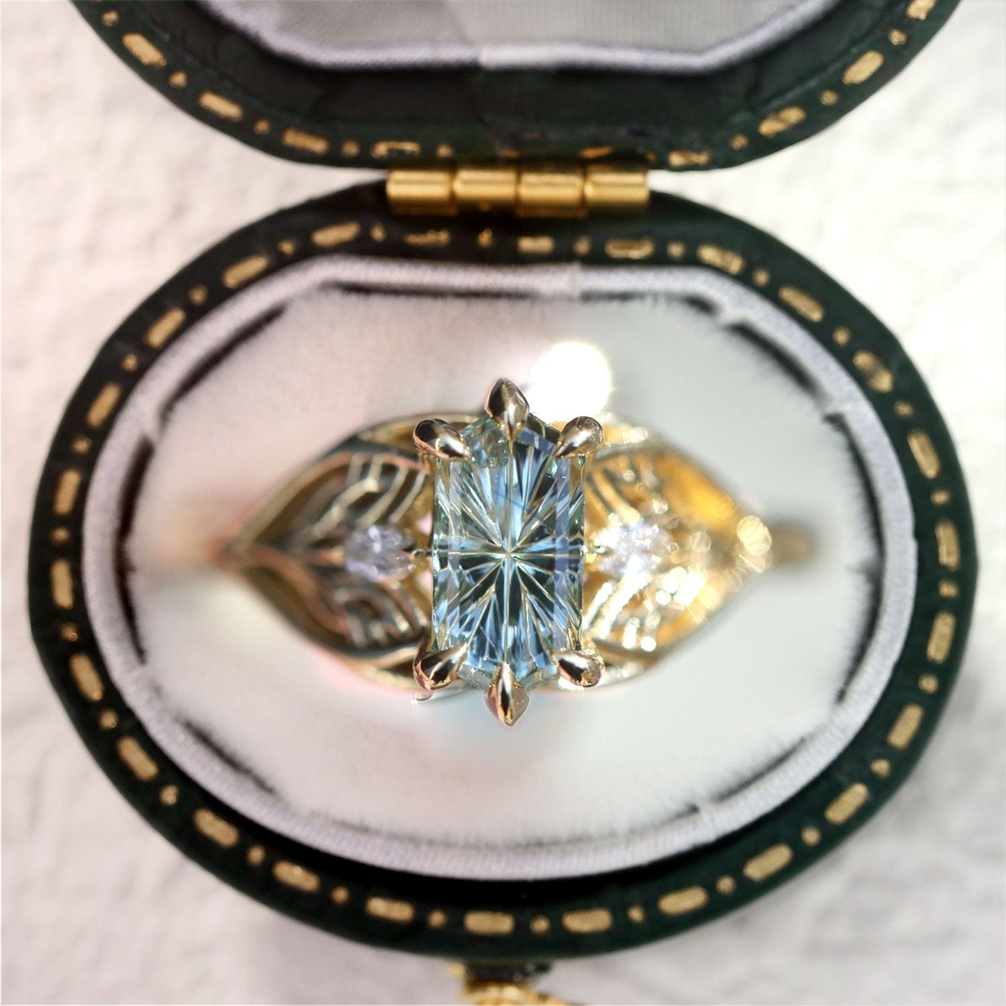 Unique Elvindell Three Stone Hexagon Starbrite Lab sapphire Ring