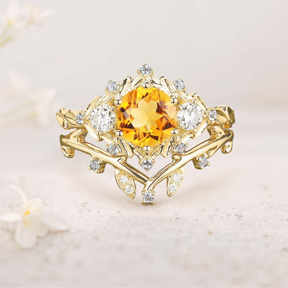 Unique floral engagement rings Round Citrine Leaf Engagement Ring Set Moissanite Cluster Flower Wedding Band