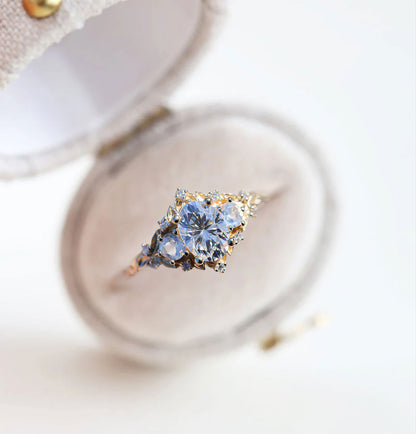 Unique Floral Rose Three Stone Oval Moissanite and Lab Moonstone Ring