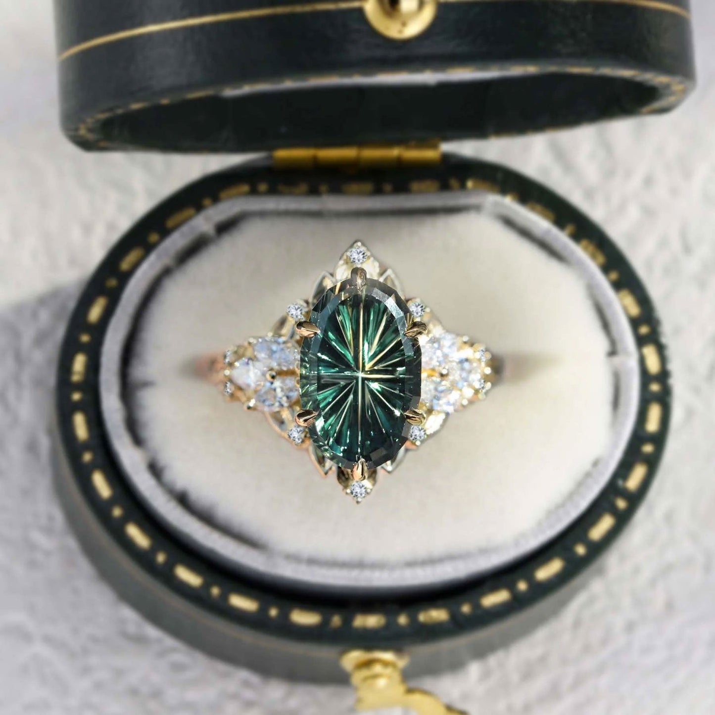 Customize your own Vintage Starbrite Cut Oval Green Lab Sapphire and Moissanite Ring