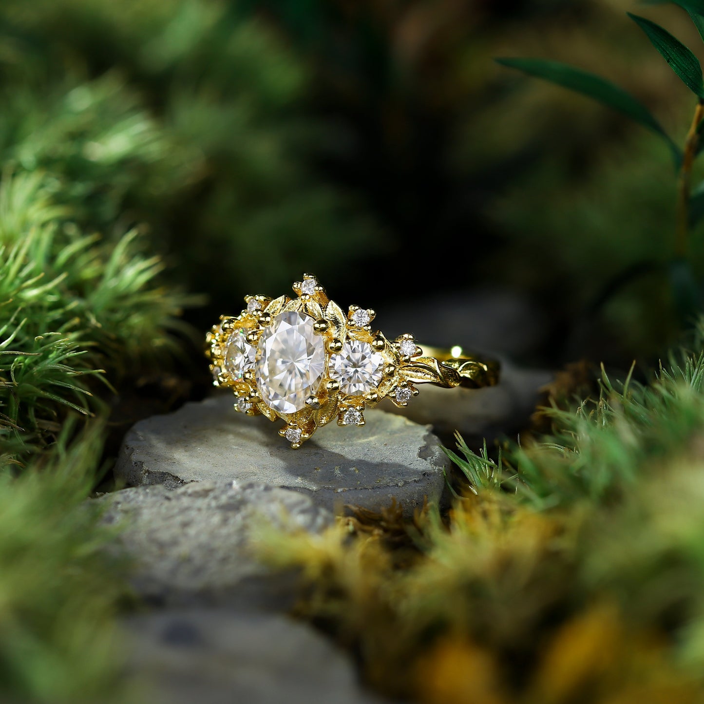 Unique floral engagement rings Briar Rose Three Stone Oval Moissanite Ring