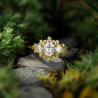 Unique floral engagement rings Briar Rose Three Stone Oval Moissanite Ring