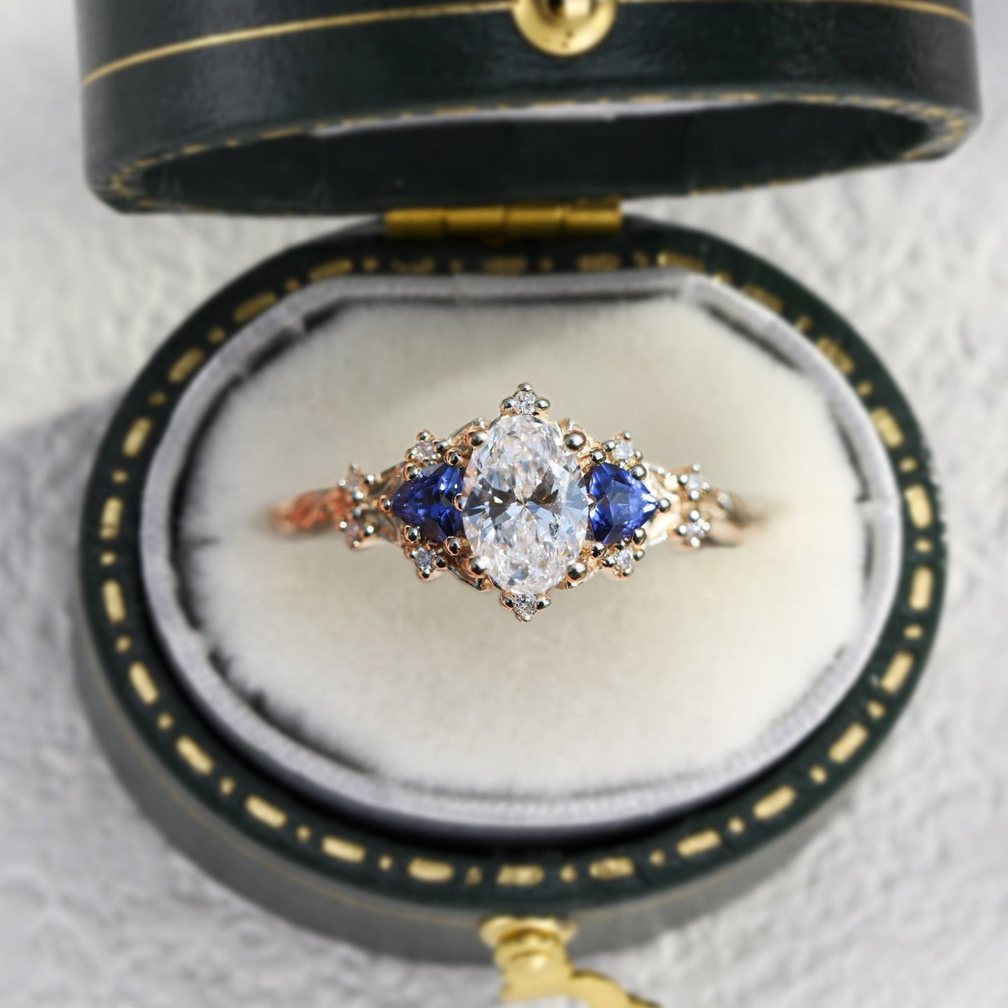 Unique Briar Rose Oval Moissanite and Lab Sapphire Ring