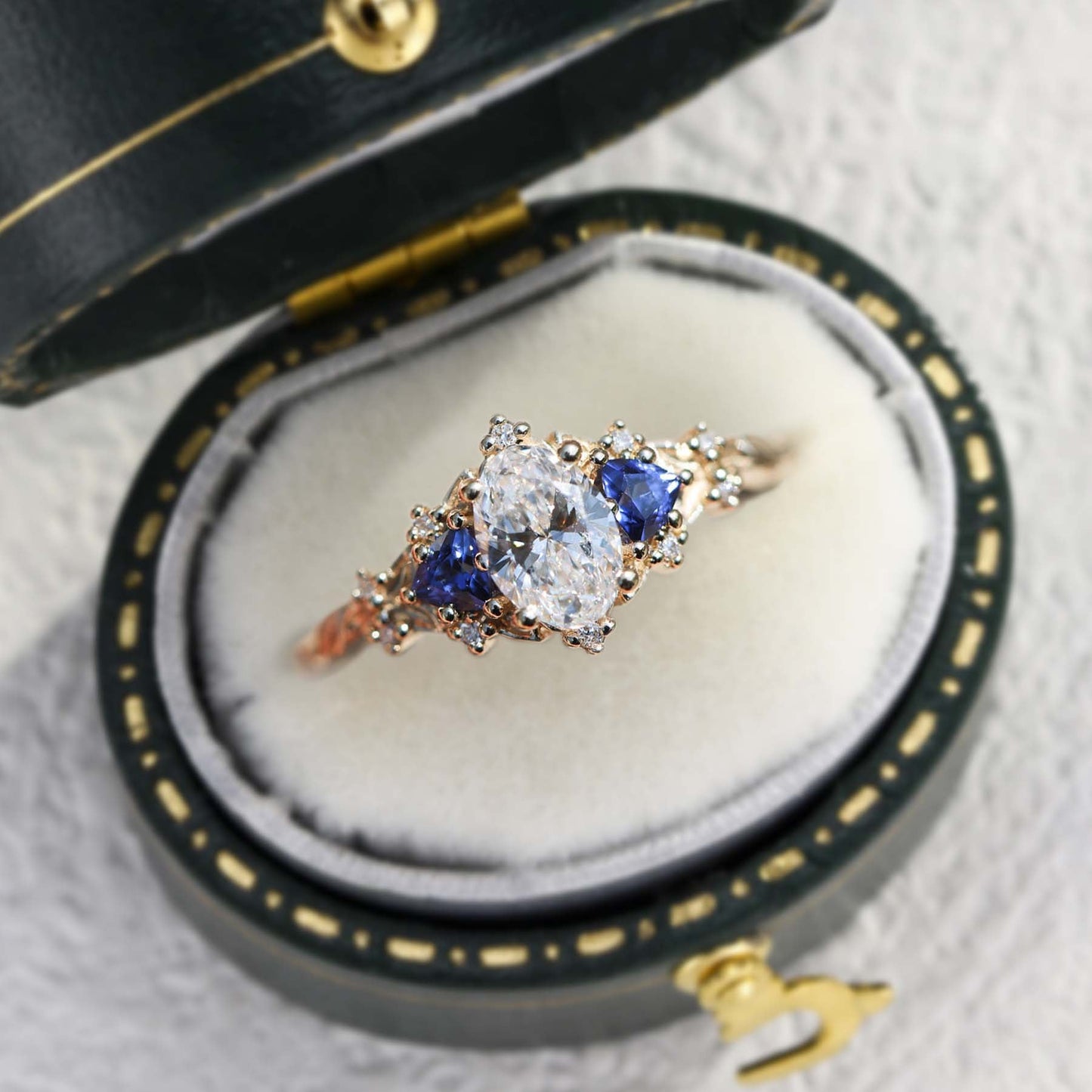 Unique Briar Rose Oval Moissanite and Lab Sapphire Ring