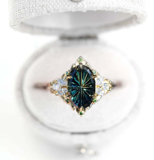 Vintage Starbrite Cut Oval Green Sapphire Engagement Ring