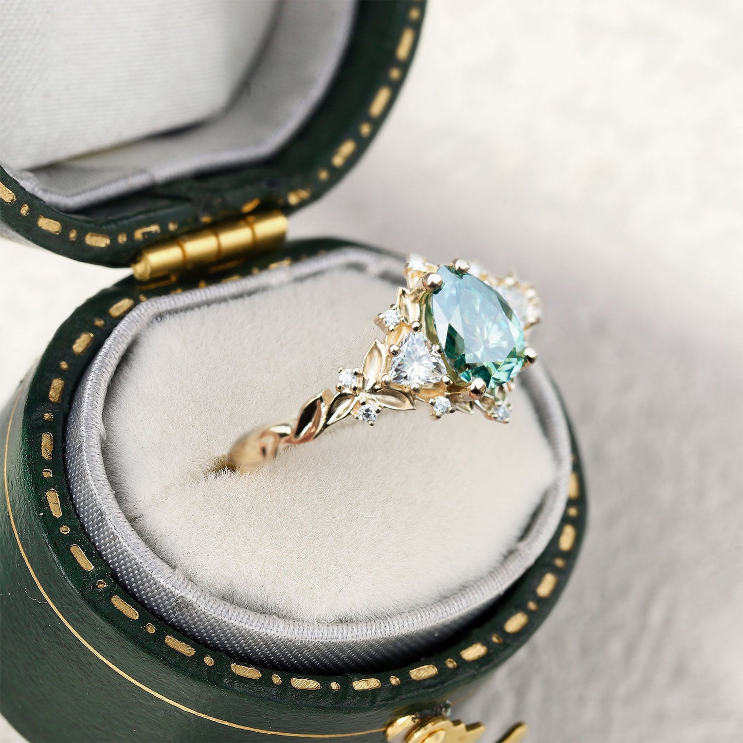 Unique Briar Rose Three Stone Pear Teal Moissanite Ring