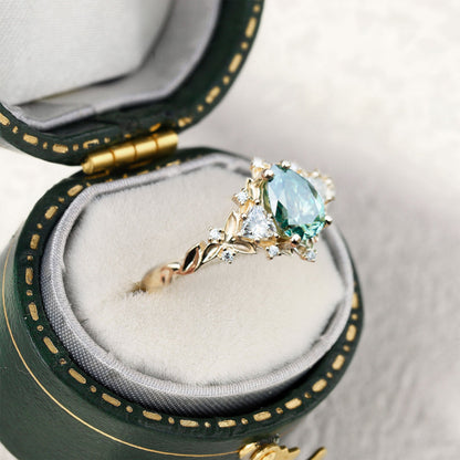 Unique Briar Rose Three Stone Pear Teal Moissanite Ring
