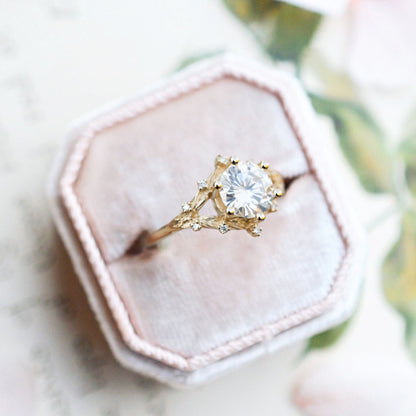 Unique Woodland Solitaire Round Moissanite Ring
