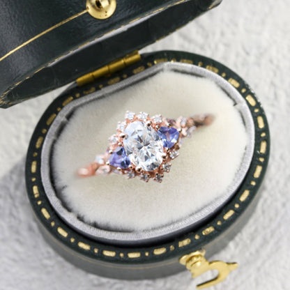 Unique Briar Half Halo Oval Moissanite and Lab Tanzanite Ring