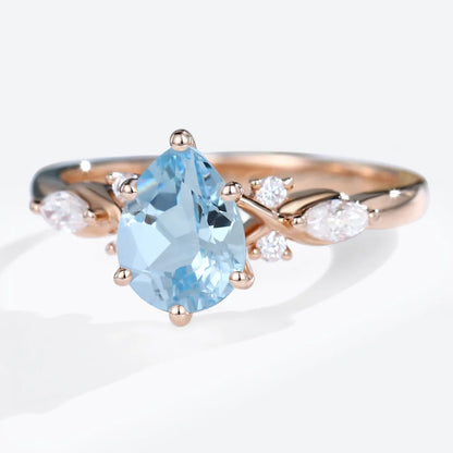 Vintage Pear Lab Aquamarine and Moissanite Split Shank Engagement Ring