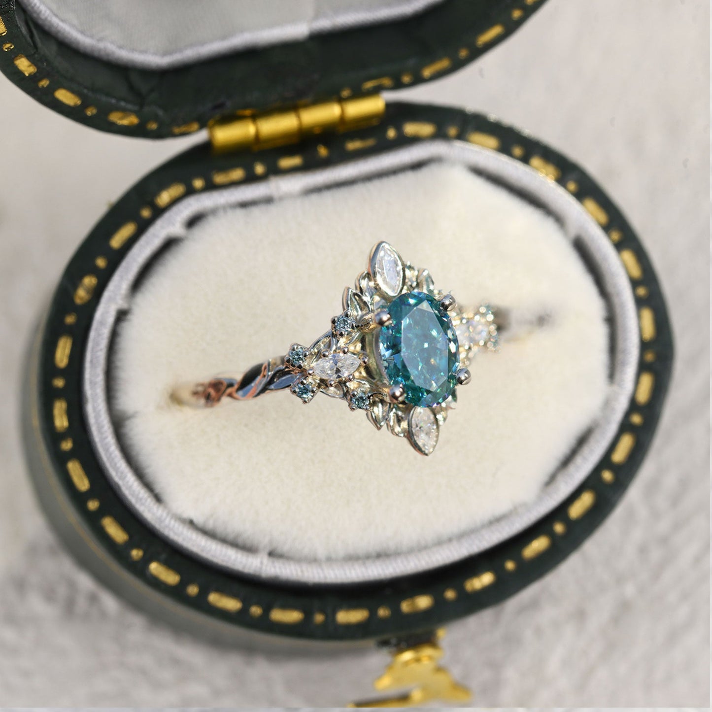 Unique Galadriel Oval Teal Moissanite Ring