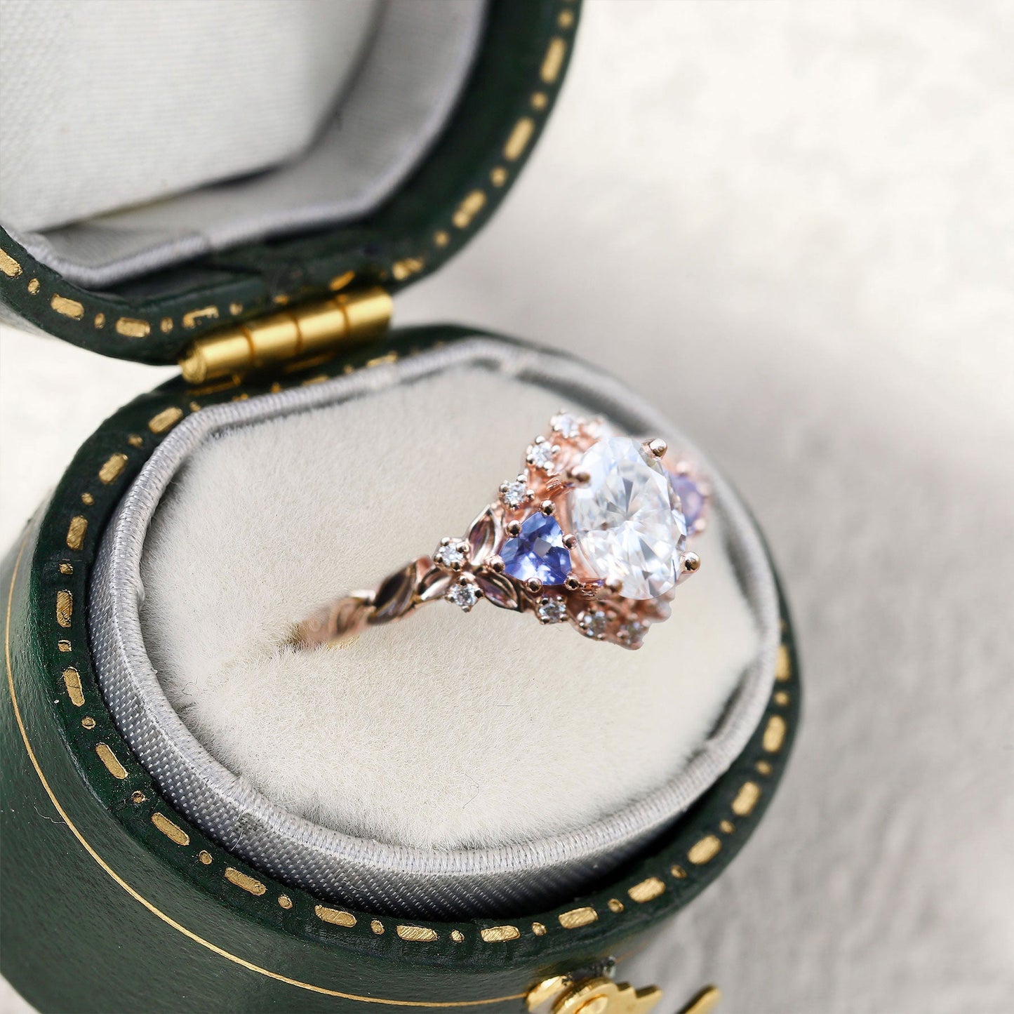 Unique Briar Half Halo Oval Moissanite and Lab Tanzanite Ring