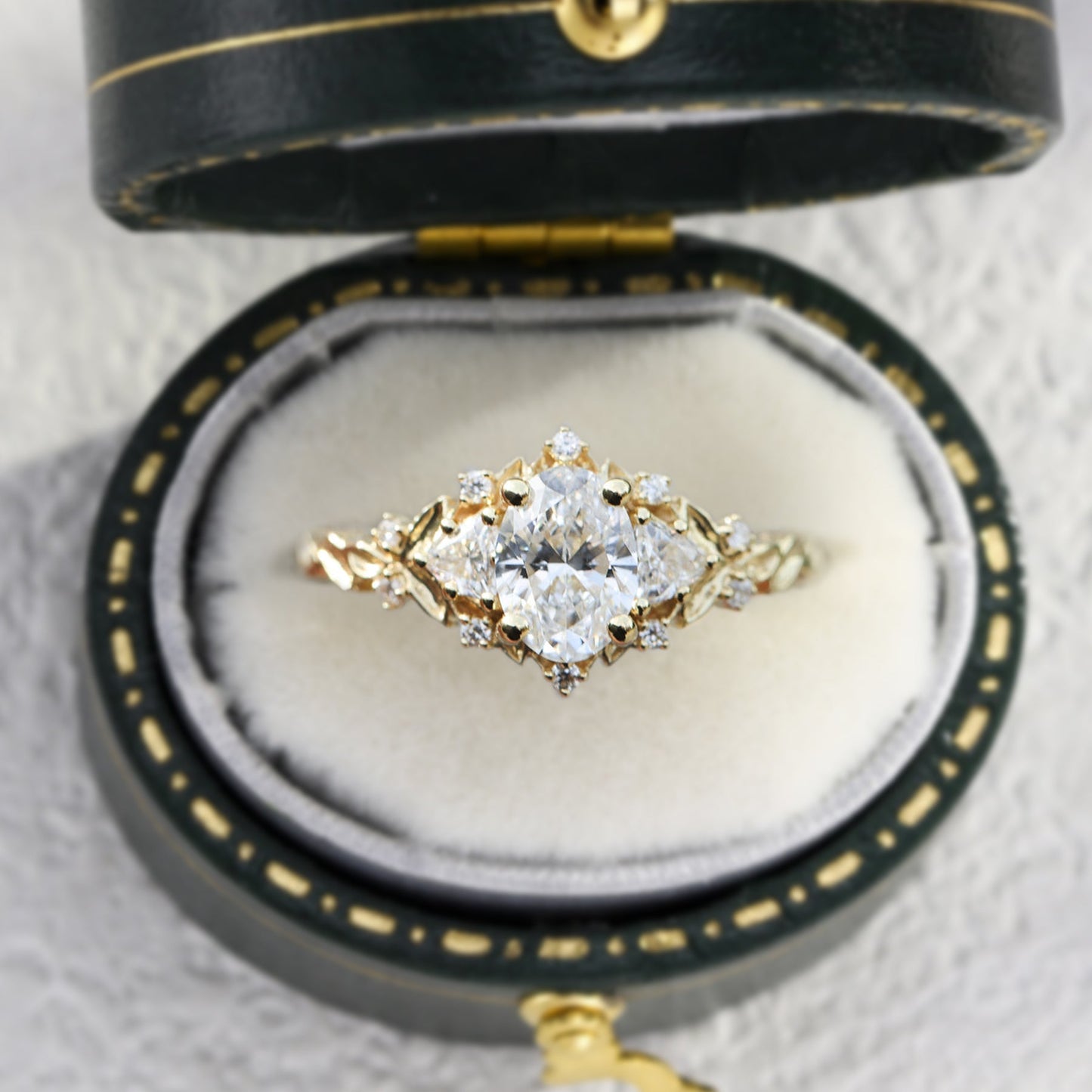 Unique Briar Rose Three Stone Oval Moissanite Ring