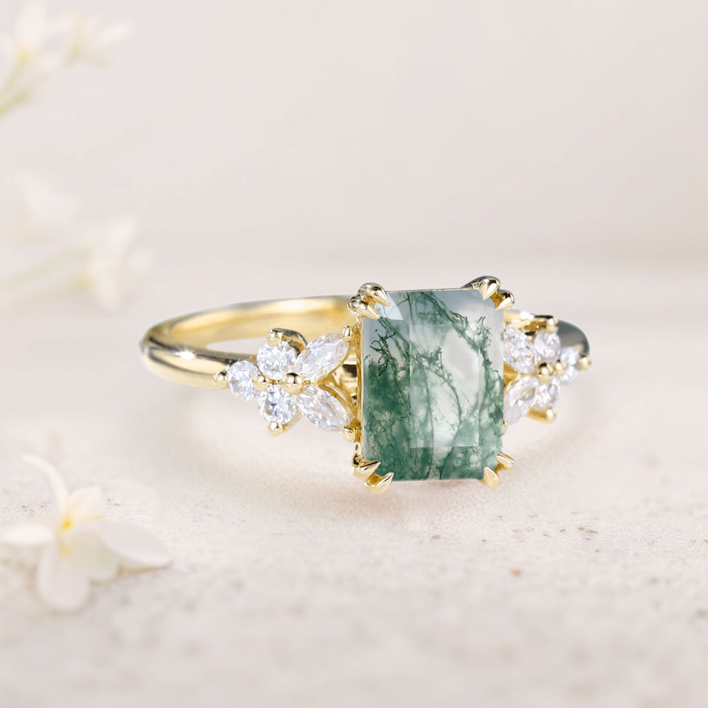 Vintage Emerald Cut Moss Agate Engagement Ring