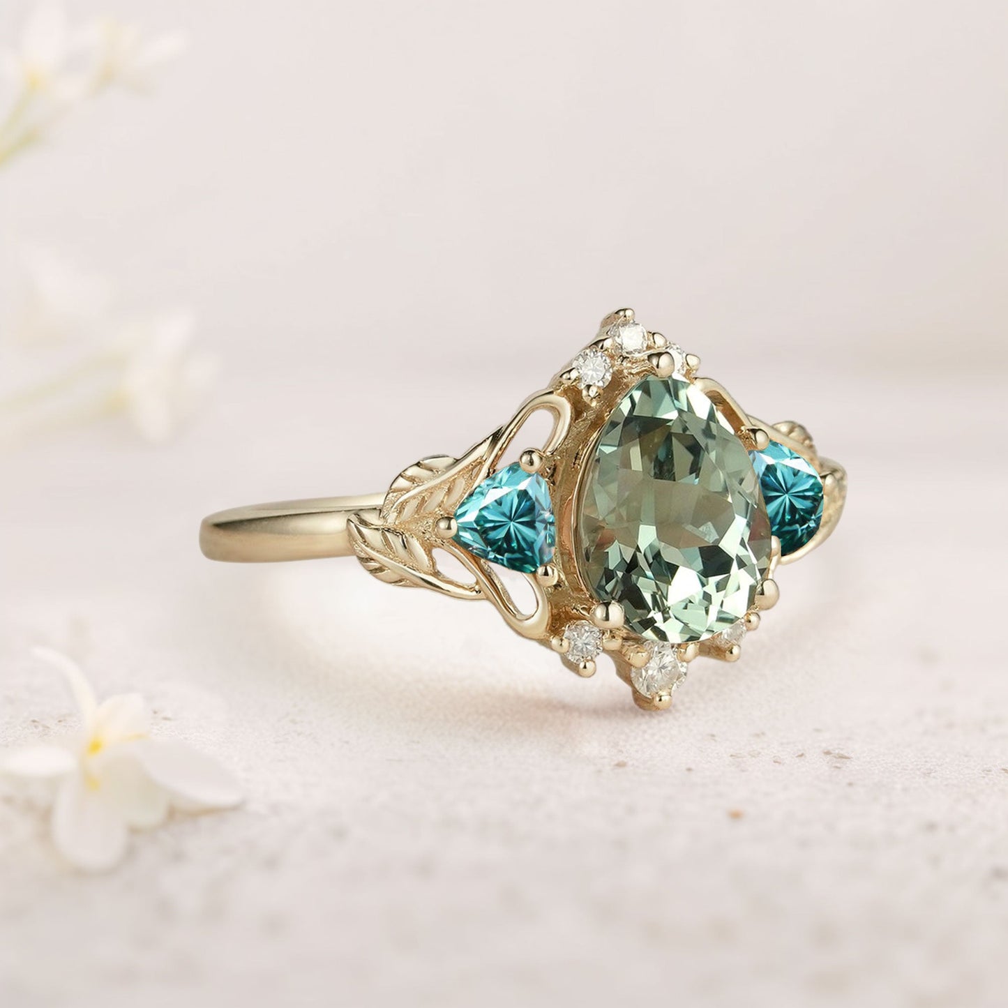 Unique Pear Green Lab Sapphire and Tear Moissanite Leaf Ring Engagement Ring